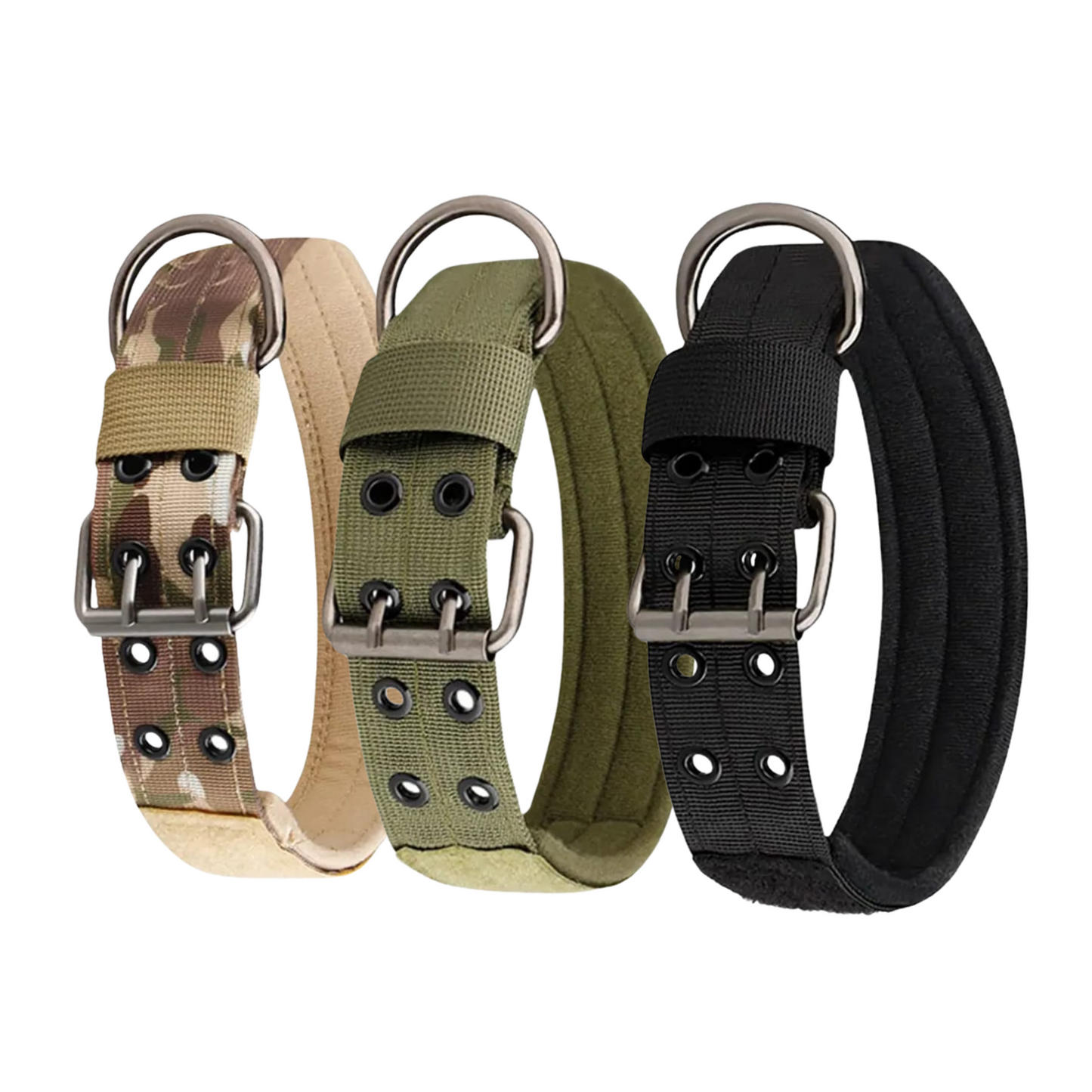 Collar táctico militar para perro, ajustable y resistente, color verde oliva con hebilla metálica.