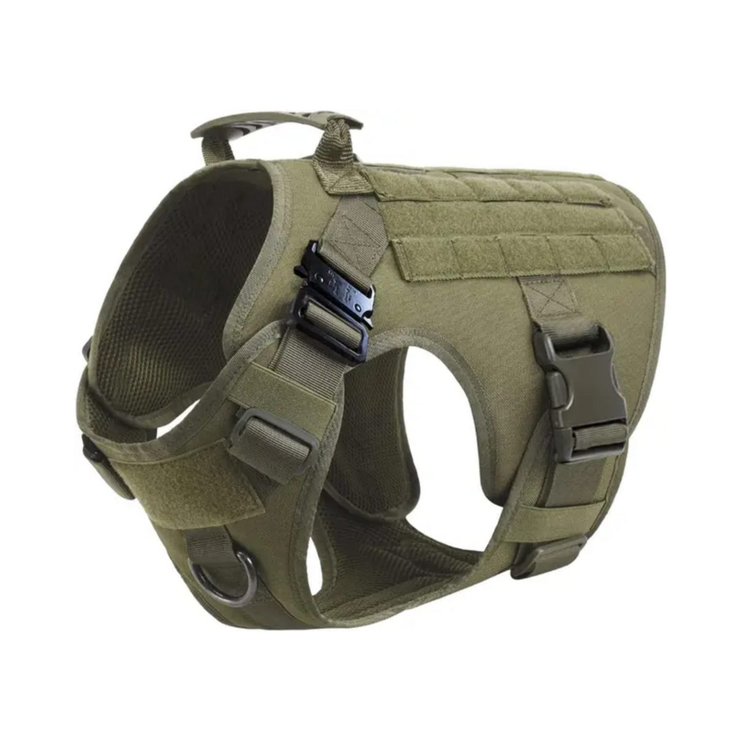 Arnés táctico militar verde para perro, ajustable y resistente, con hebillas de liberación rápida y anillas metálicas para sujeción.
