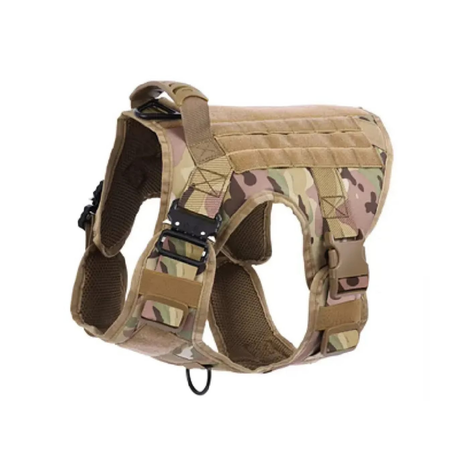 Arnés táctico militar camuflaje para perro, ajustable y resistente, con hebillas de liberación rápida y anillas metálicas para sujeción.