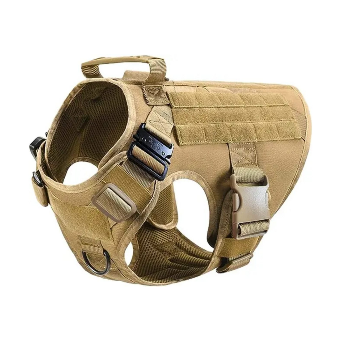 Arnés táctico militar marron para perro, ajustable y resistente, con hebillas de liberación rápida y anillas metálicas para sujeción.