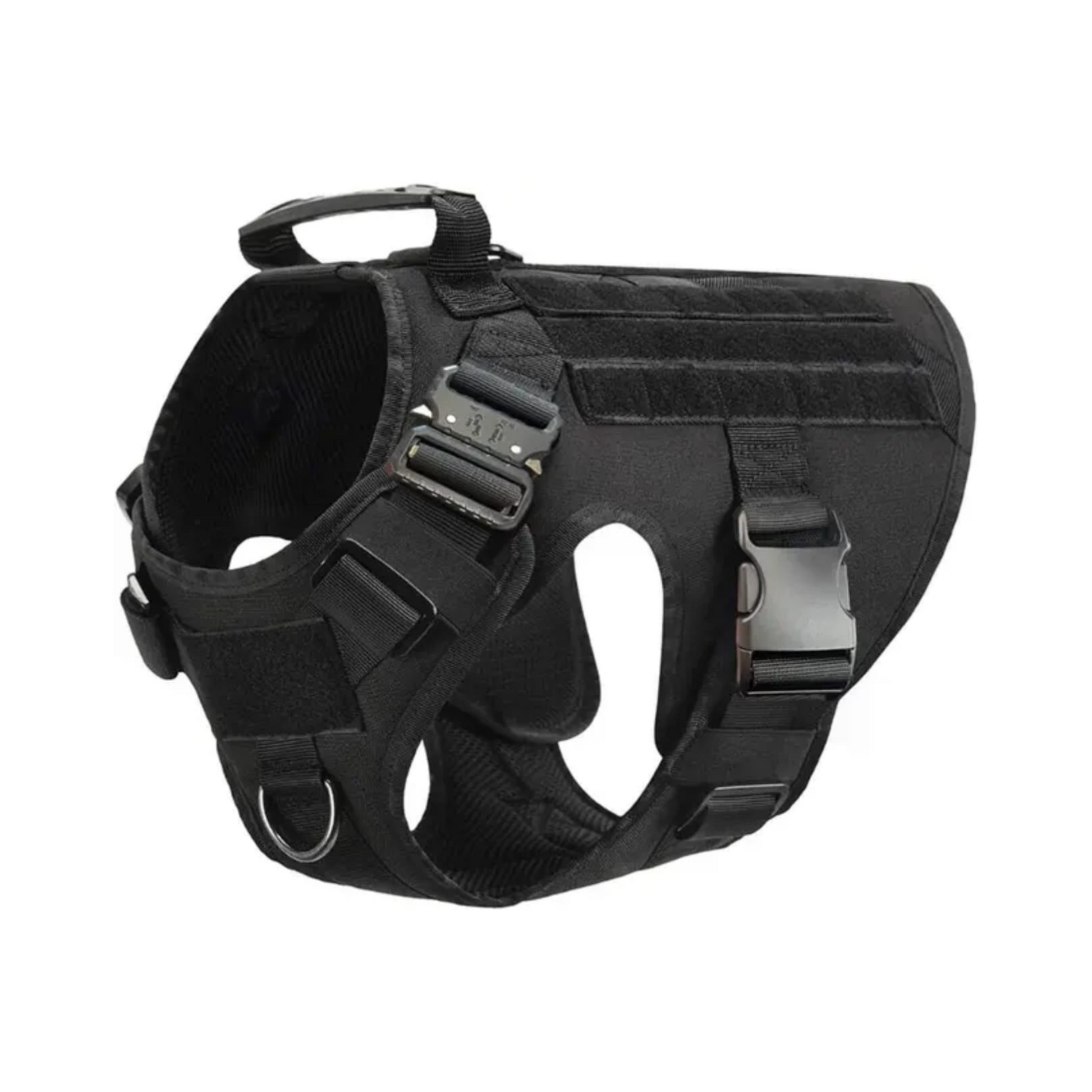 Arnés táctico militar negro para perro, ajustable y resistente, con hebillas de liberación rápida y anillas metálicas para sujeción.